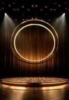 AI generated stage background with a large circular light, in dark bronze and gold style, wood for composition AI generated photo