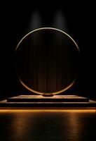 AI generated stage background with a large circular light, in dark bronze and gold style, wood for composition AI generated photo