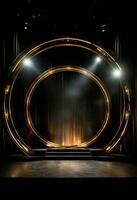 AI generated stage background with a large circular light, in dark bronze and gold style, wood for composition AI generated photo