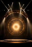 AI generated stage background with a large circular light, in dark bronze and gold style, wood for composition AI generated photo