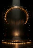 AI generated stage background with a large circular light, in dark bronze and gold style, wood for composition AI generated photo