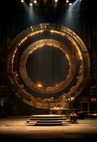 AI generated stage background with a large circular light, in dark bronze and gold style, wood for composition AI generated photo