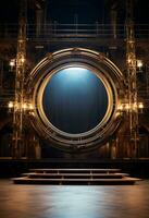 AI generated stage background with a large circular light, in dark bronze and gold style, wood for composition AI generated photo