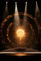 AI generated stage background with a large circular light, in dark bronze and gold style, wood for composition AI generated photo