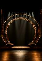 AI generated stage background with a large circular light, in dark bronze and gold style, wood for composition AI generated photo