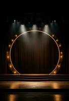 AI generated stage background with a large circular light, in dark bronze and gold style, wood for composition AI generated photo