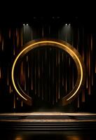 AI generated stage background with a large circular light, in dark bronze and gold style, wood for composition AI generated photo