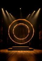 AI generated stage background with a large circular light, in dark bronze and gold style, wood for composition AI generated photo