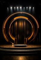 AI generated stage background with a large circular light, in dark bronze and gold style, wood for composition AI generated photo