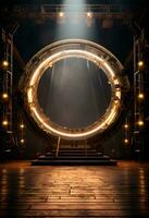 AI generated stage background with a large circular light, in dark bronze and gold style, wood for composition AI generated photo