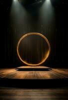 AI generated stage background with a large circular light, in dark bronze and gold style, wood for composition AI generated photo