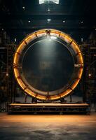 AI generated stage background with a large circular light, in dark bronze and gold style, wood for composition AI generated photo