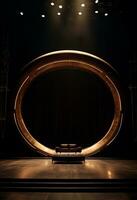 AI generated stage background with a large circular light, in dark bronze and gold style, wood for composition AI generated photo