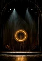 AI generated stage background with a large circular light, in dark bronze and gold style, wood for composition AI generated photo