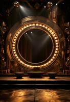 AI generated stage background with a large circular light, in dark bronze and gold style, wood for composition AI generated photo