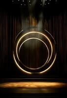 AI generated stage background with a large circular light, in dark bronze and gold style, wood for composition AI generated photo