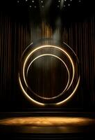 AI generated stage background with a large circular light, in dark bronze and gold style, wood for composition AI generated photo