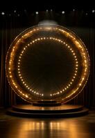 AI generated stage background with a large circular light, in dark bronze and gold style, wood for composition AI generated photo