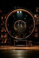 AI generated stage background with a large circular light, in dark bronze and gold style, wood for composition AI generated photo