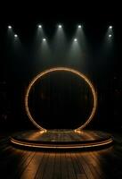 AI generated stage background with a large circular light, in dark bronze and gold style, wood for composition AI generated photo