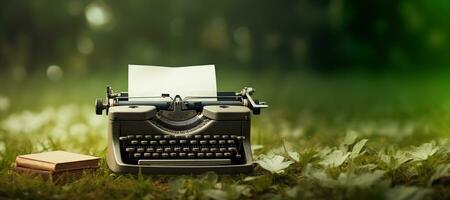 AI generated Generative AI, Vintage typewriter with old paper, blank paper mockup, retro machine technology, copy space photo