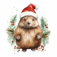 AI generated Generative AI, cute beaver animal, pet in Christmas hat and ugly sweaters, watercolor style. photo