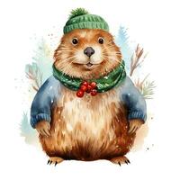 AI generated Generative AI, cute beaver animal, pet in Christmas hat and ugly sweaters, watercolor style. photo