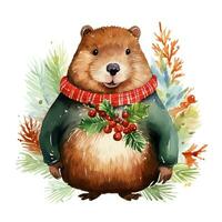 AI generated Generative AI, cute beaver animal, pet in Christmas hat and ugly sweaters, watercolor style. photo