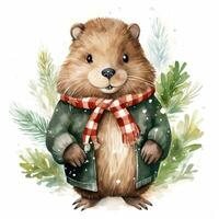 AI generated Generative AI, cute beaver animal, pet in Christmas hat and ugly sweaters, watercolor style. photo