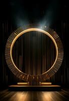 AI generated stage background with a large circular light, in dark bronze and gold style, wood for composition AI generated photo