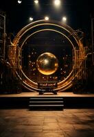 AI generated stage background with a large circular light, in dark bronze and gold style, wood for composition AI generated photo