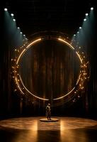 AI generated stage background with a large circular light, in dark bronze and gold style, wood for composition AI generated photo