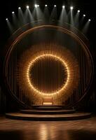 AI generated stage background with a large circular light, in dark bronze and gold style, wood for composition AI generated photo