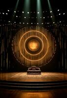 AI generated stage background with a large circular light, in dark bronze and gold style, wood for composition AI generated photo