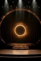 AI generated stage background with a large circular light, in dark bronze and gold style, wood for composition AI generated photo