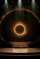 AI generated stage background with a large circular light, in dark bronze and gold style, wood for composition AI generated photo