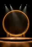 AI generated stage background with a large circular light, in dark bronze and gold style, wood for composition AI generated photo