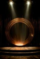 AI generated stage background with a large circular light, in dark bronze and gold style, wood for composition AI generated photo