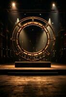 AI generated stage background with a large circular light, in dark bronze and gold style, wood for composition AI generated photo