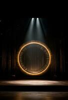 AI generated stage background with a large circular light, in dark bronze and gold style, wood for composition AI generated photo