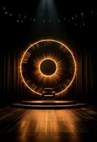 AI generated stage background with a large circular light, in dark bronze and gold style, wood for composition AI generated photo