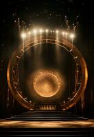 AI generated stage background with a large circular light, in dark bronze and gold style, wood for composition AI generated photo