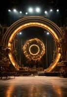 AI generated stage background with a large circular light, in dark bronze and gold style, wood for composition AI generated photo