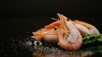 boiled shrimp with spices on black background video