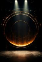 AI generated stage background with a large circular light, in dark bronze and gold style, wood for composition AI generated photo