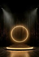 AI generated stage background with a large circular light, in dark bronze and gold style, wood for composition AI generated photo