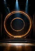 AI generated stage background with a large circular light, in dark bronze and gold style, wood for composition AI generated photo