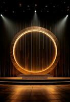 AI generated stage background with a large circular light, in dark bronze and gold style, wood for composition AI generated photo