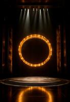 AI generated stage background with a large circular light, in dark bronze and gold style, wood for composition AI generated photo