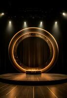 AI generated stage background with a large circular light, in dark bronze and gold style, wood for composition AI generated photo